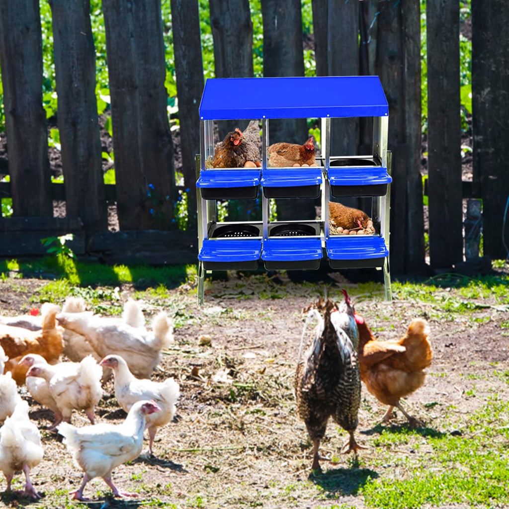 Garvee Chicken Nesting Box 6-Hole Roll Away Egg Laying Box with Lid Heavy-Duty Galvanized Steel Rustproof Design Blue with Bracket Legs