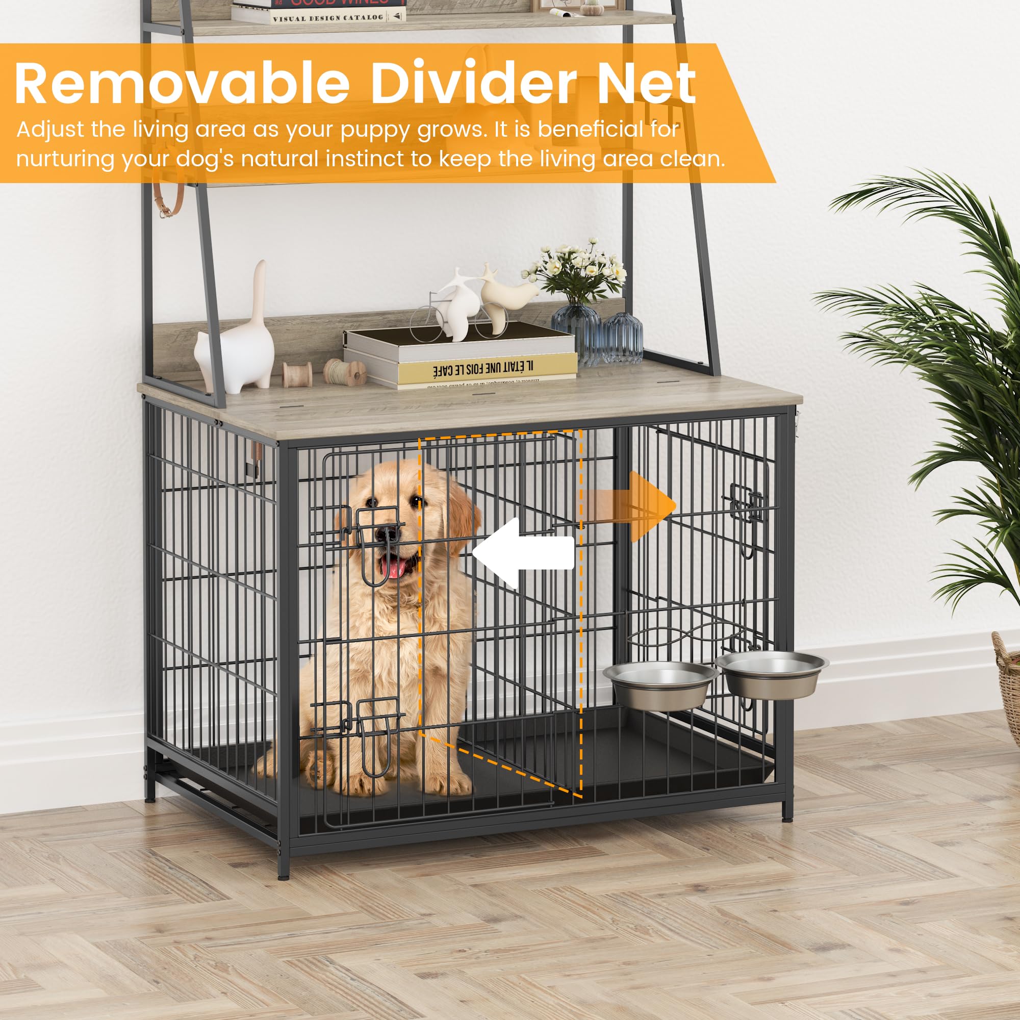Garvee Wooden Dog Crate Furniture with Storage Shelves, Removable Tray, Double Doors, Adjustable Bowls and Flip-up Top, Grey