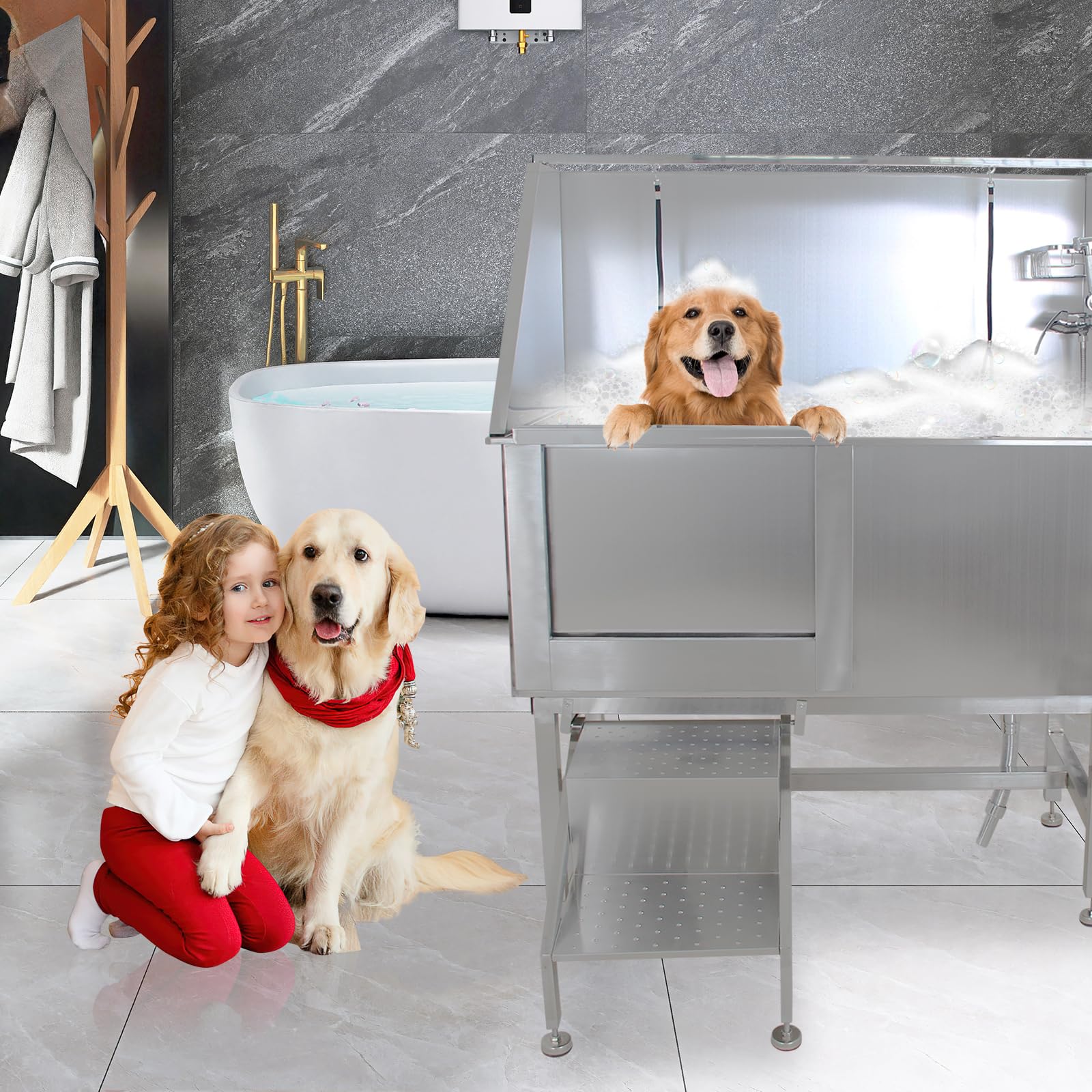 Garvee 62" Dog Grooming Tub, Pet Wash Station, Professional Stainless Steel Pet Grooming Tub with Ramp, Faucet, Sprayer, and Drain Kit