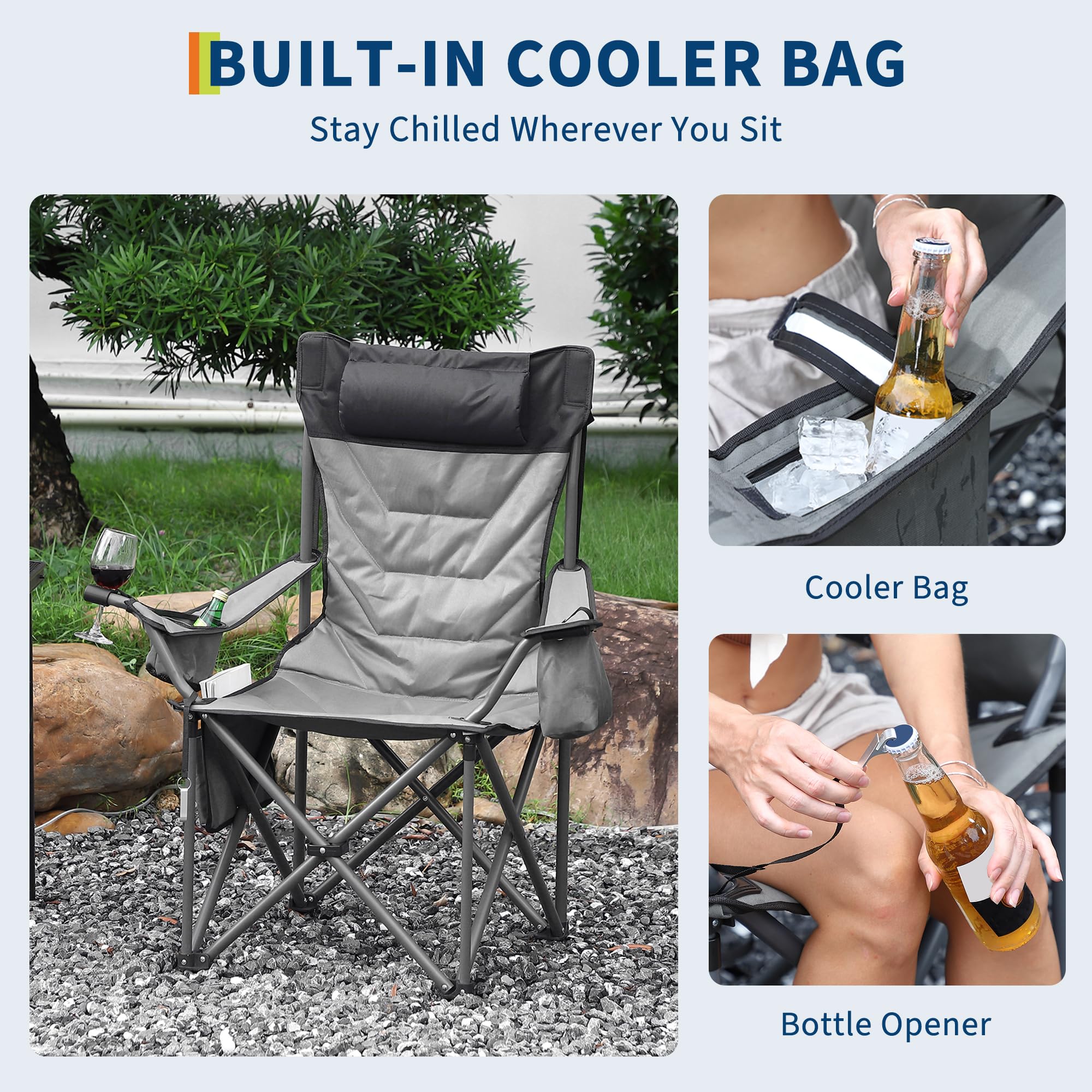Garvee Heavy Duty Oversized Camping Chair With Cooler Pouch, Quad Lumbar Support, Cup Holder For Adults, 400 LB Capacity, Folding Outdoor Chair