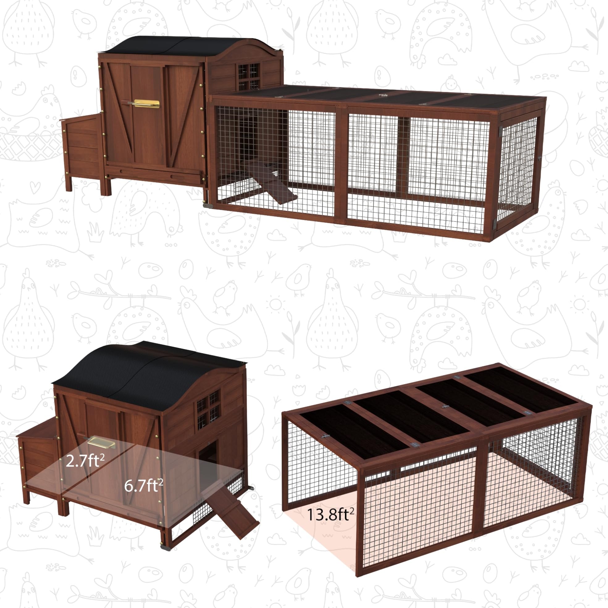 Garvee Chicken Coop, Outdoor Chicken Coop for 3-5 Chickens, 106in Chicken Coop with Run, Wooden Chicken Coop with Waterproof Roof, Nesting Box, Pull Out Trays and Ramp, Red Train