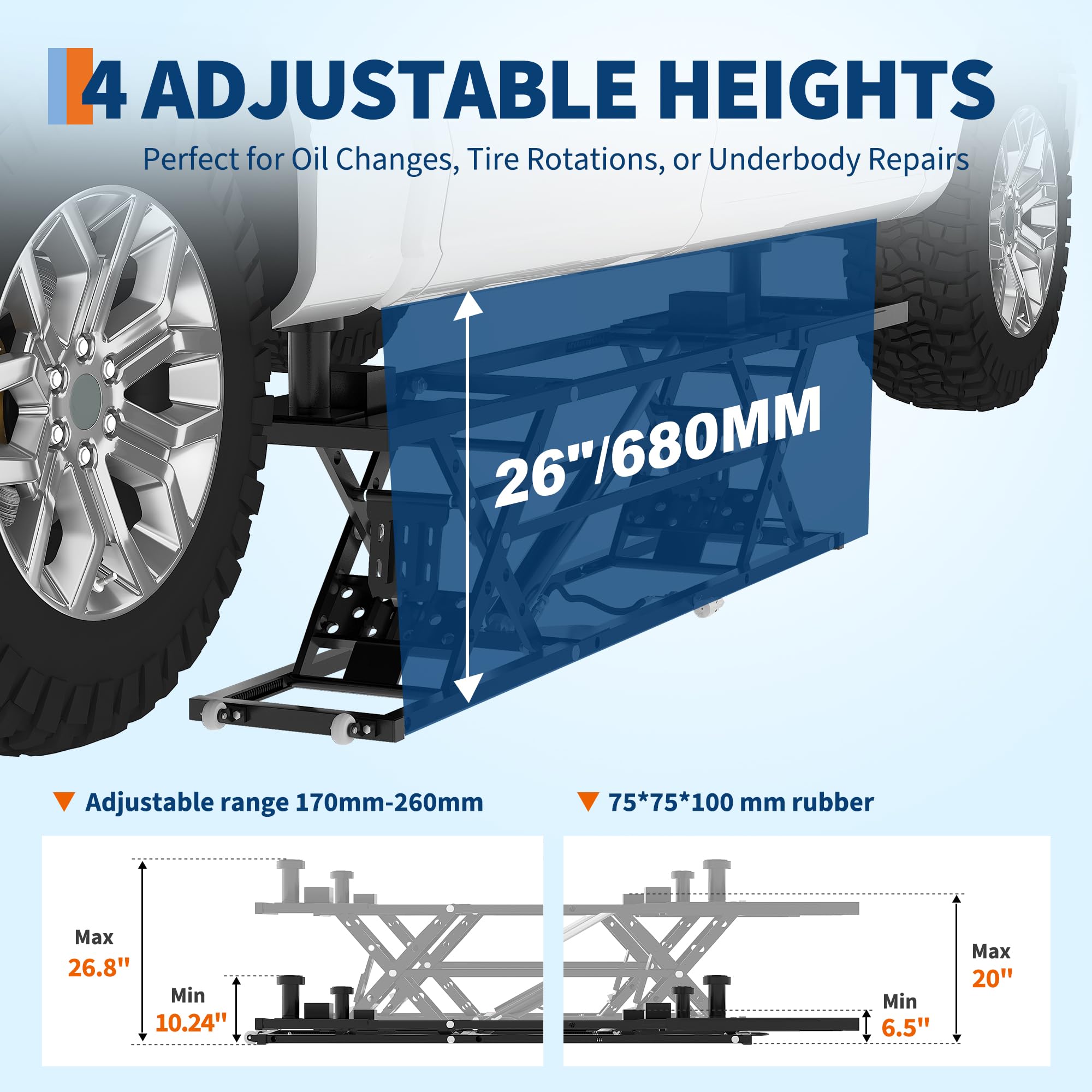 Garvee Portable Car Lift, 5000 lbs Heavy-Duty Carbon Steel Auto Lift Jack with Adjustable Height (5.67"-26.8"), Extension Plates, and Safety Locks for Trucks, SUVs, and Sedans, Black