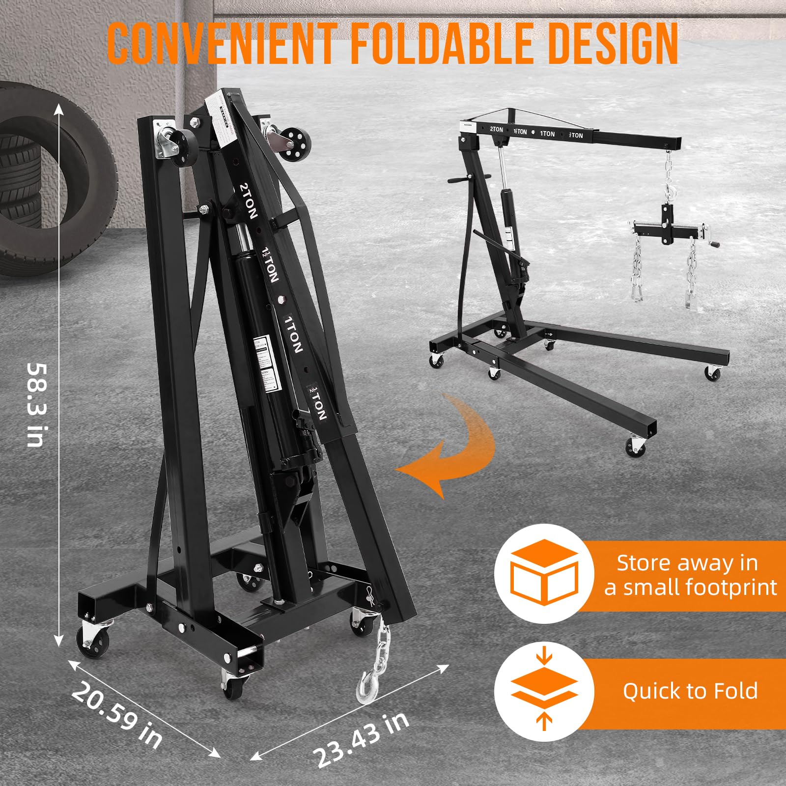 Garvee 2T Engine Hoist with Lever - 4400 lbs Heavy-Duty Folding Cherry Picker Hydraulic Tilting Shop Crane with 6 Iron Caster Wheels, Telescopic Boom, and Hitch, Black