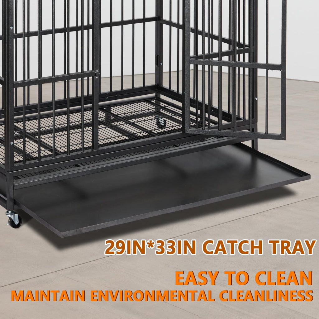 Garvee 48" Heavy Duty Dog Crate, Cage Kennel with Wheels&Brakes, High Anxiety Indestructible, Sturdy Locks Design, Double Door and Removable Tray for Large Pets(Black)