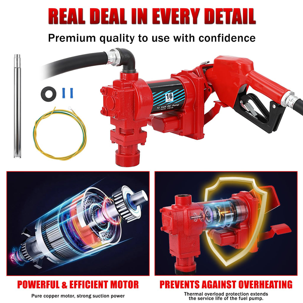 Garvee Fuel Transfer Pump 16 GPM 1/4 HP, 12 Volt DC Fuel Pump, Diesel Transfer Pump with Automatic Nozzles, Gasoline Transfer Pump with Emission & Suction Hoses for Gasoline, Diesel, Kerosene