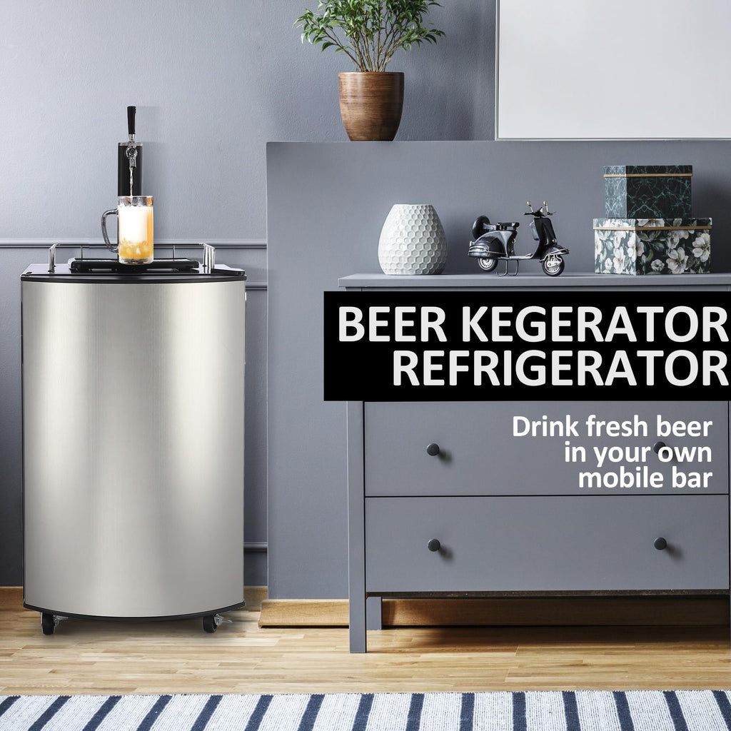 Garvee Kegerator and Keg Beer Cooler, Single Tap Draft Beer Dispenser, Full Size Keg Refrigerator With Shelves, Stainless Steel, Drip Tray & Rail- Silver