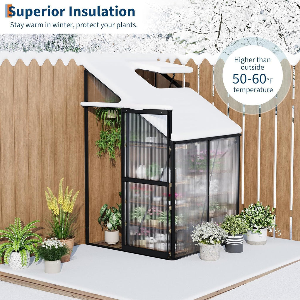 Garvee 4×4FT Lean-To Polycarbonate Greenhouse Kit, Heavy Duty Walk-In Plant Shelter with Sliding Door & Adjustable Roof Vent, Black
