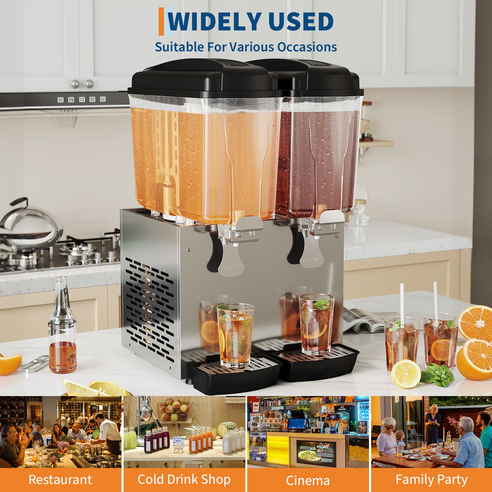 Garvee Commercial Beverage Dispenser 2 Tanks 18L Stainless Steel Juice Dispenser for Restaurant Bar Party Cold Drinks