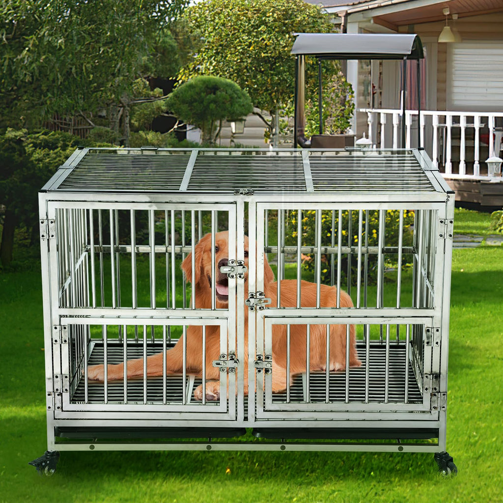 Garvee 48" Heavy Duty Dog Crate Cage Kennel with Isolation Fence, Full Stainless Steel High Anxiety Indestructible Dog Crate, Small Door Design & Removable Tray Design, Silver