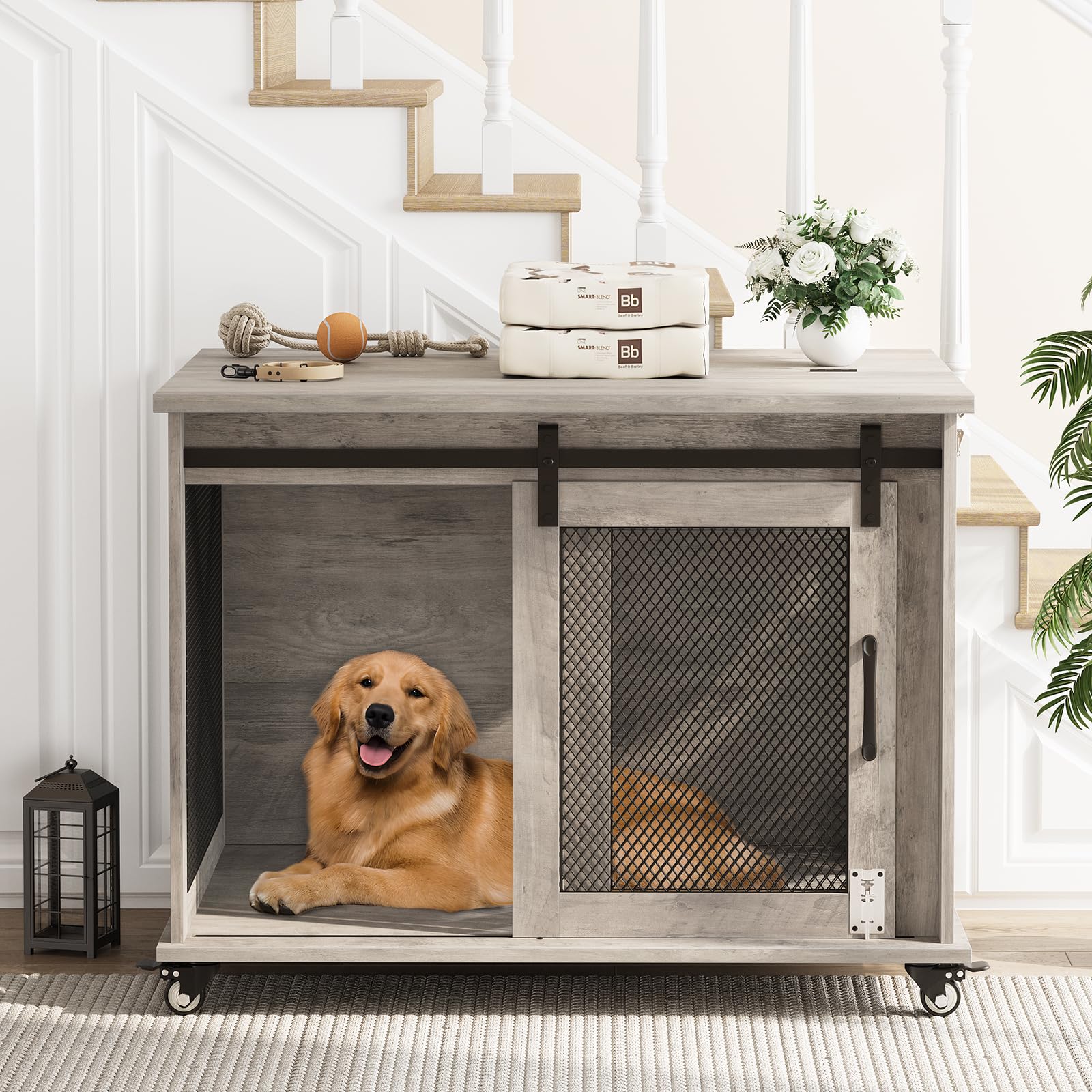 Garvee Dog Crate Furniture with Sliding Barn Door, Flip Top Furniture Style Dog Crate End Table with Wheels, Indoor Dog Kennel House with Removable Divider, Gray