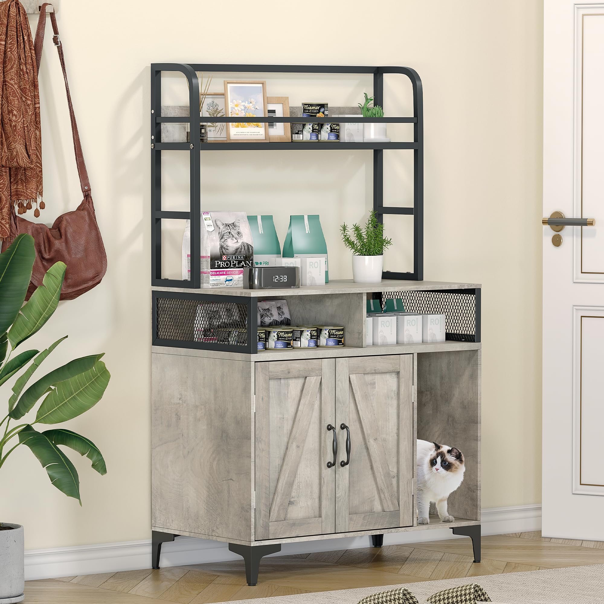 Garvee Cat Litter Box Enclosure, 3 Shelves, Modern Style, Hidden Litter Box Furniture with Storage and Doors, Grey