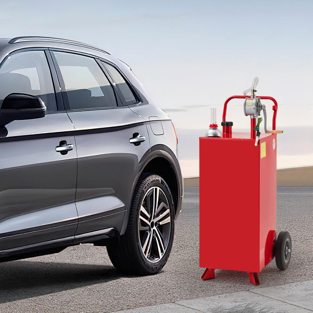 Garvee 30 Gallon Fuel Caddy with Manual Pump, 9.8 ft UV-Resistant Hose Tank Gauge Ground Clamp & 2 Wheels, Portable Gas Diesel Tank for Car Boat ATV Lawn Mower, Red