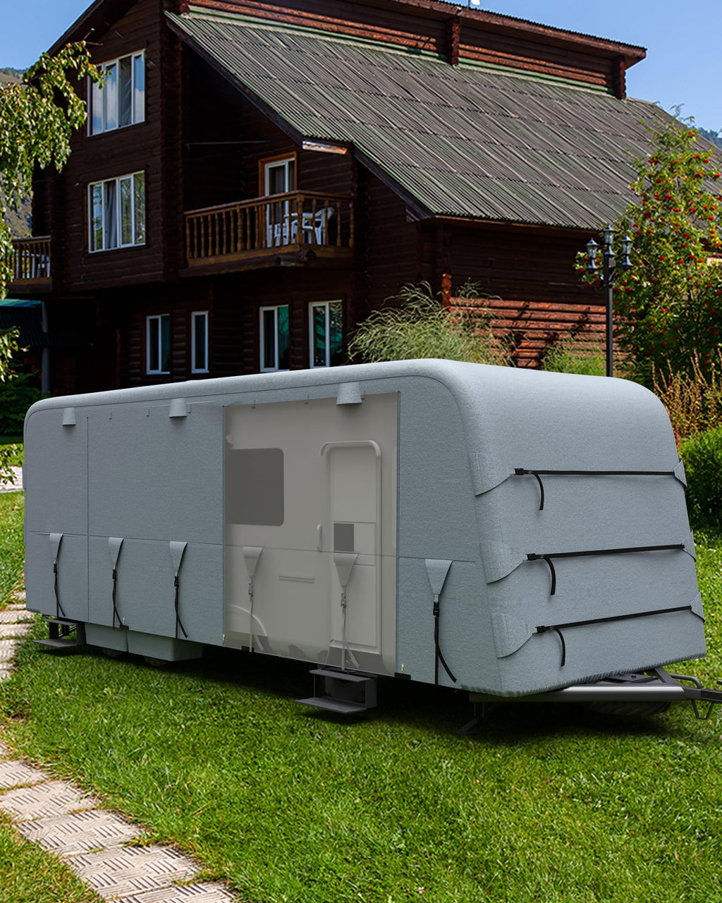Garvee Travel Trailer Rv Cover, Windproof Camper Cover with Extra-Thick 6 Layers Anti-Uv Top Panel, Breathable, Water-Proof, Rip-Stop with 2Pcs Extra Straps & 4 Tire Covers, Fits 30'-33' Motorhome