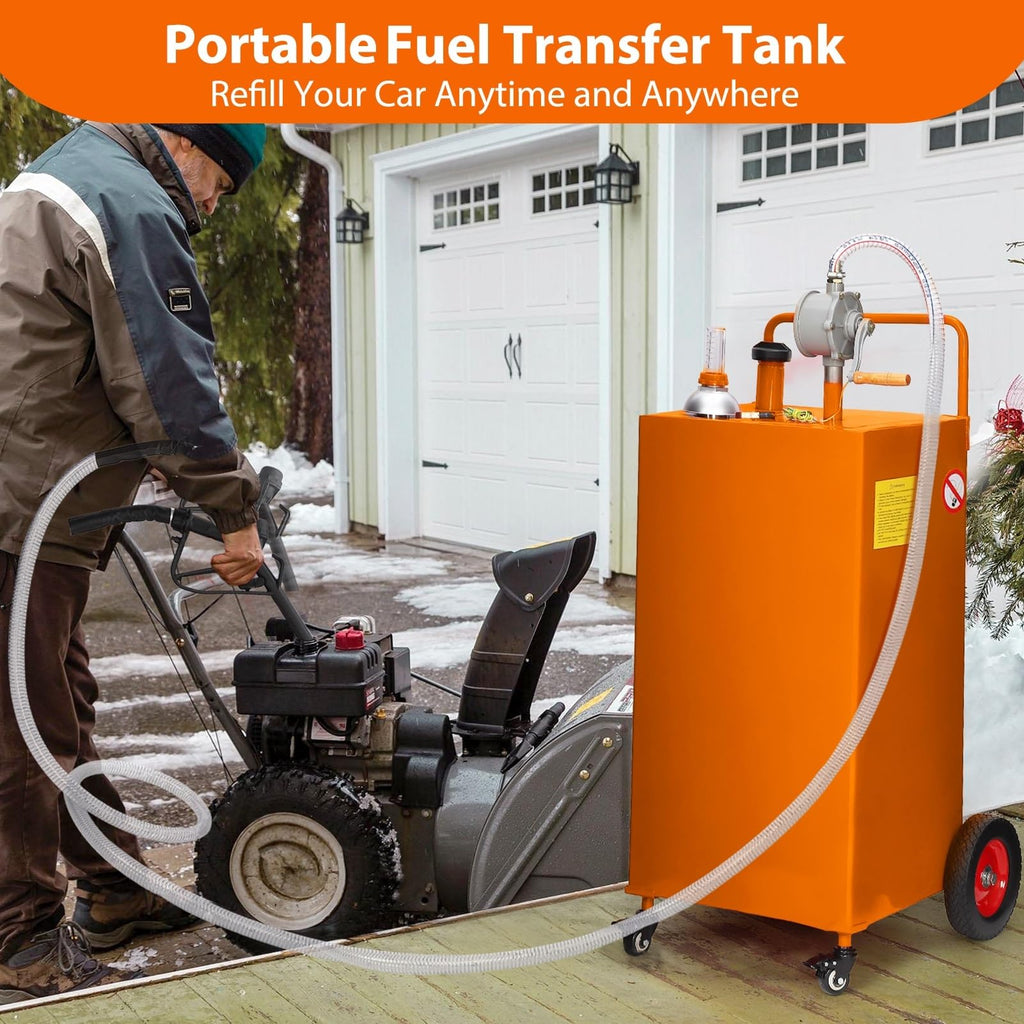 Garvee 35 Gallon Fuel Caddy with Manual Transfer Pump, Heavy-Duty Stainless Steel Fuel Tank, 4-Wheel Mobile Design for Gasoline & Diesel, Portable, Durable