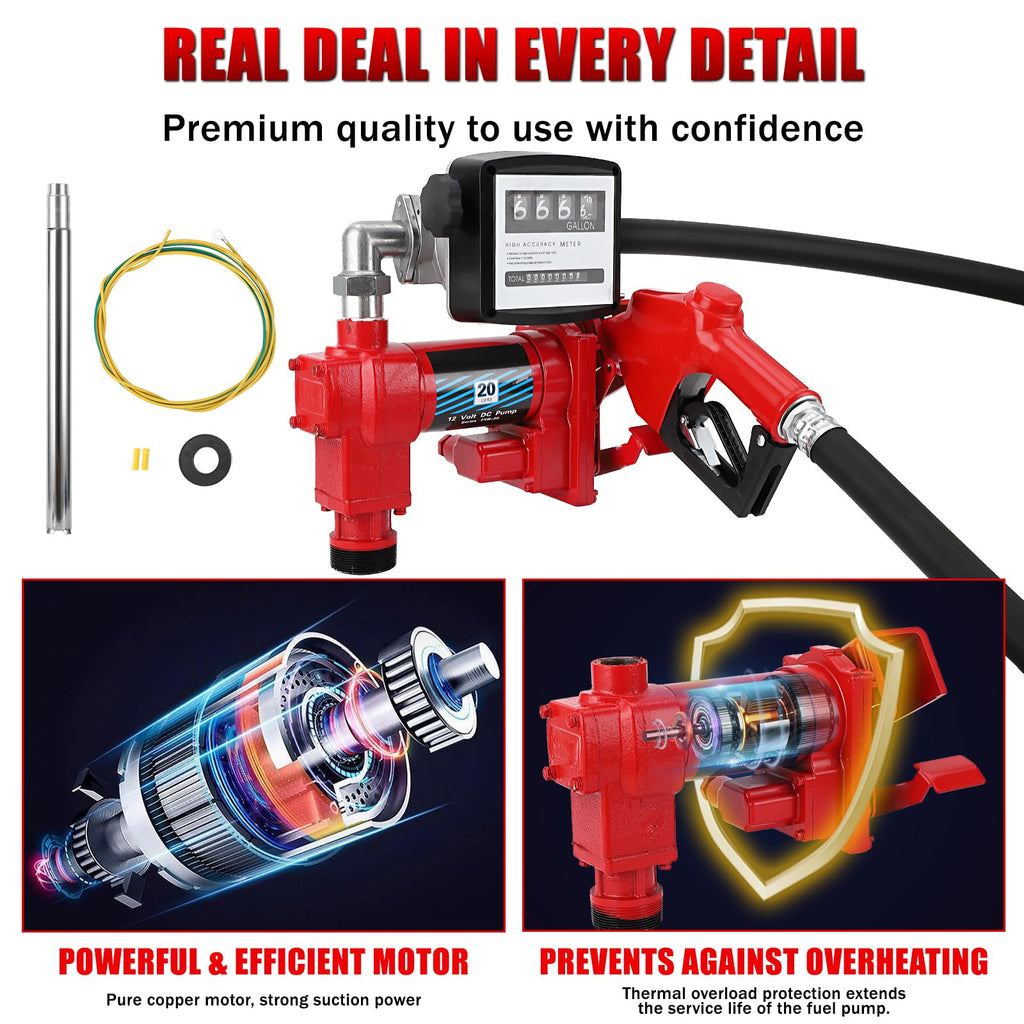 Garvee Fuel Transfer Pump 20 GPM 1/4 HP, with Digital Meter, Diesel Transfer Pump with Automatic Nozzles, Gasoline Transfer Pump with Emission & Suction Hoses for Gasoline, Diesel, Kerosene