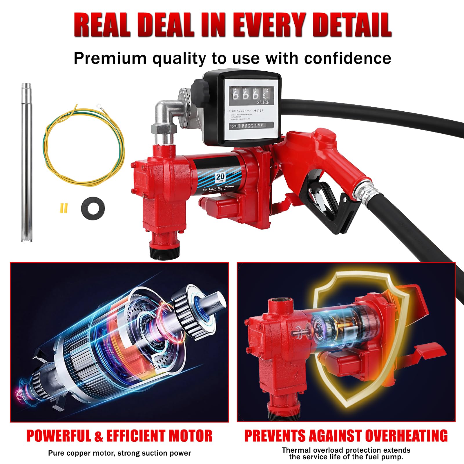Garvee Fuel Transfer Pump 20 GPM 1/4 HP, with Digital Meter, Diesel Transfer Pump with Automatic Nozzles, Gasoline Transfer Pump with Emission & Suction Hoses for Gasoline, Diesel, Kerosene