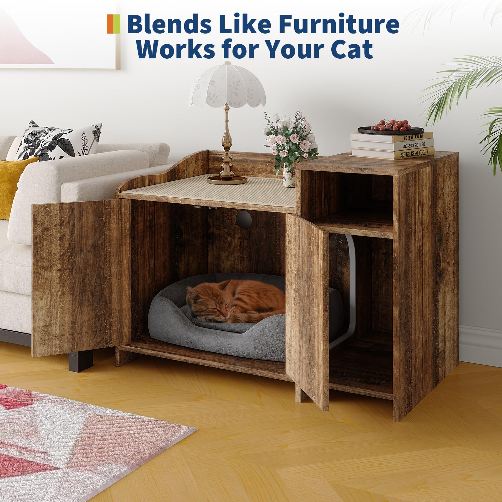 Garvee Cat Litter Box Enclosure Furniture Hidden Litter Box Cabinet Indoor Wooden Cat Washroom Side End Table with Storage Retro Color 33.9in L x 19.7in W x 24.2in H