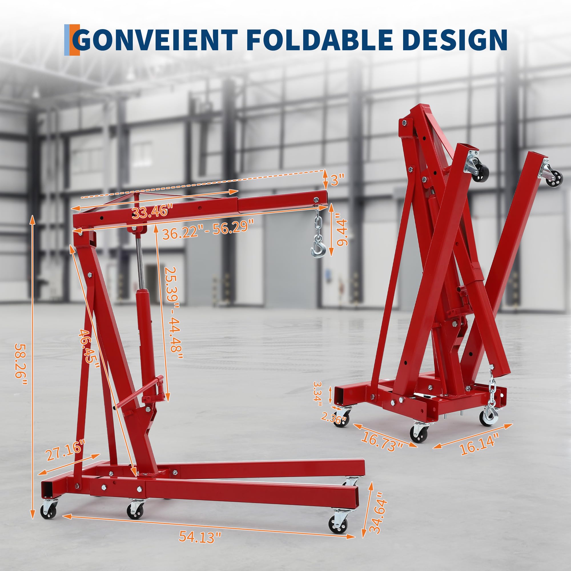 Garvee Engine Hoist Cherry Picker 2 Ton Folding Hydraulic Shop Crane with Telescopic Boom 24-48" Reach, Red