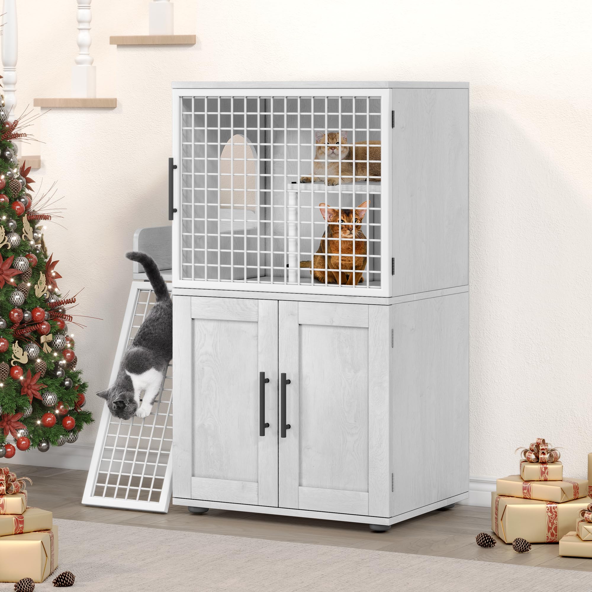 Garvee Villa Cat Litter Box Enclosure, Double Layer, MDF & Iron, Hidden Furniture, Ladder, 33.5" L x 17.9" W x 41.9" H, Antique White
