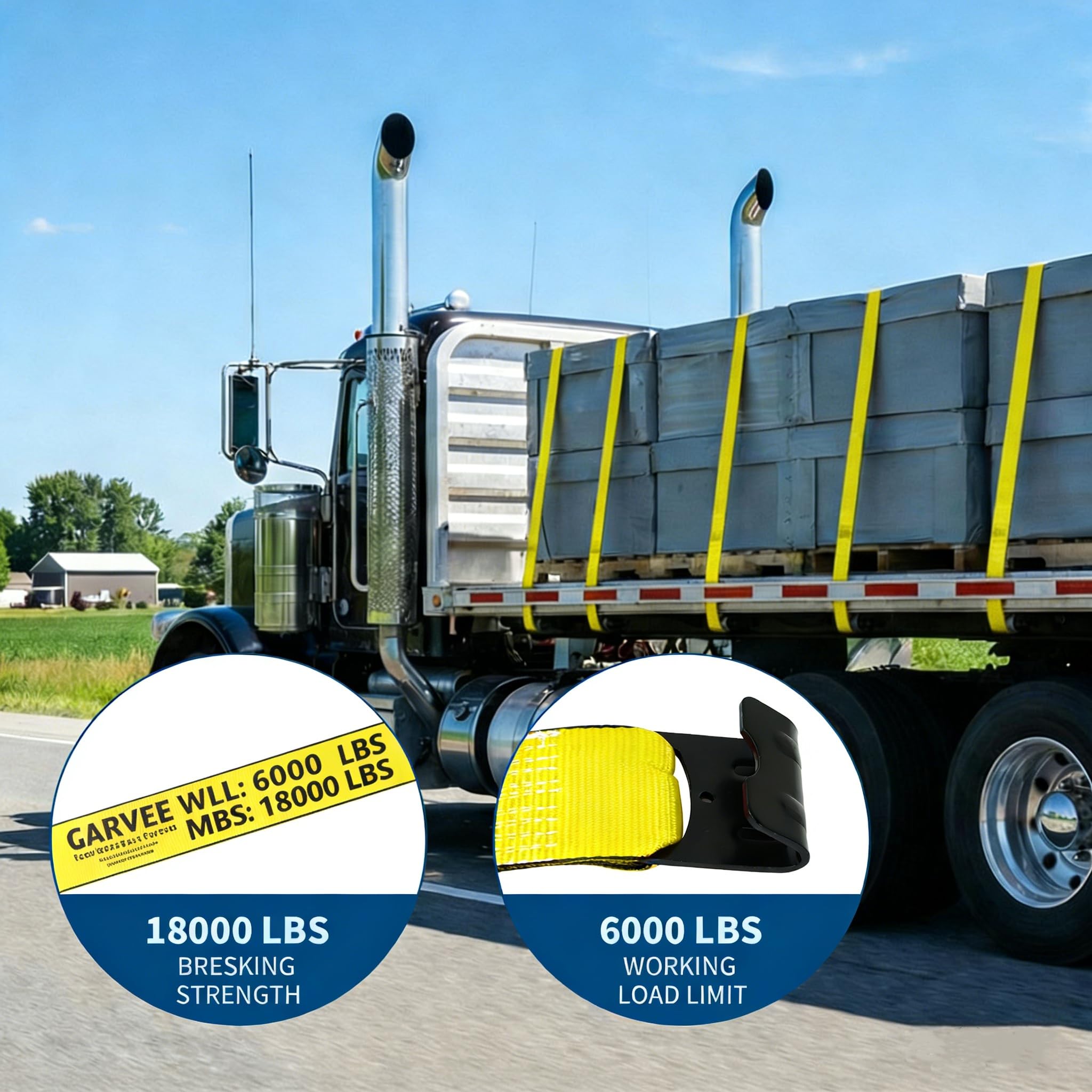 Garvee 4" x 30' Heavy Duty Truck Straps with Flat Hooks, Tie Down Cargo Straps for Flatbed Trucks, Trailers, Farms, Towing, Yellow, 4 Pack