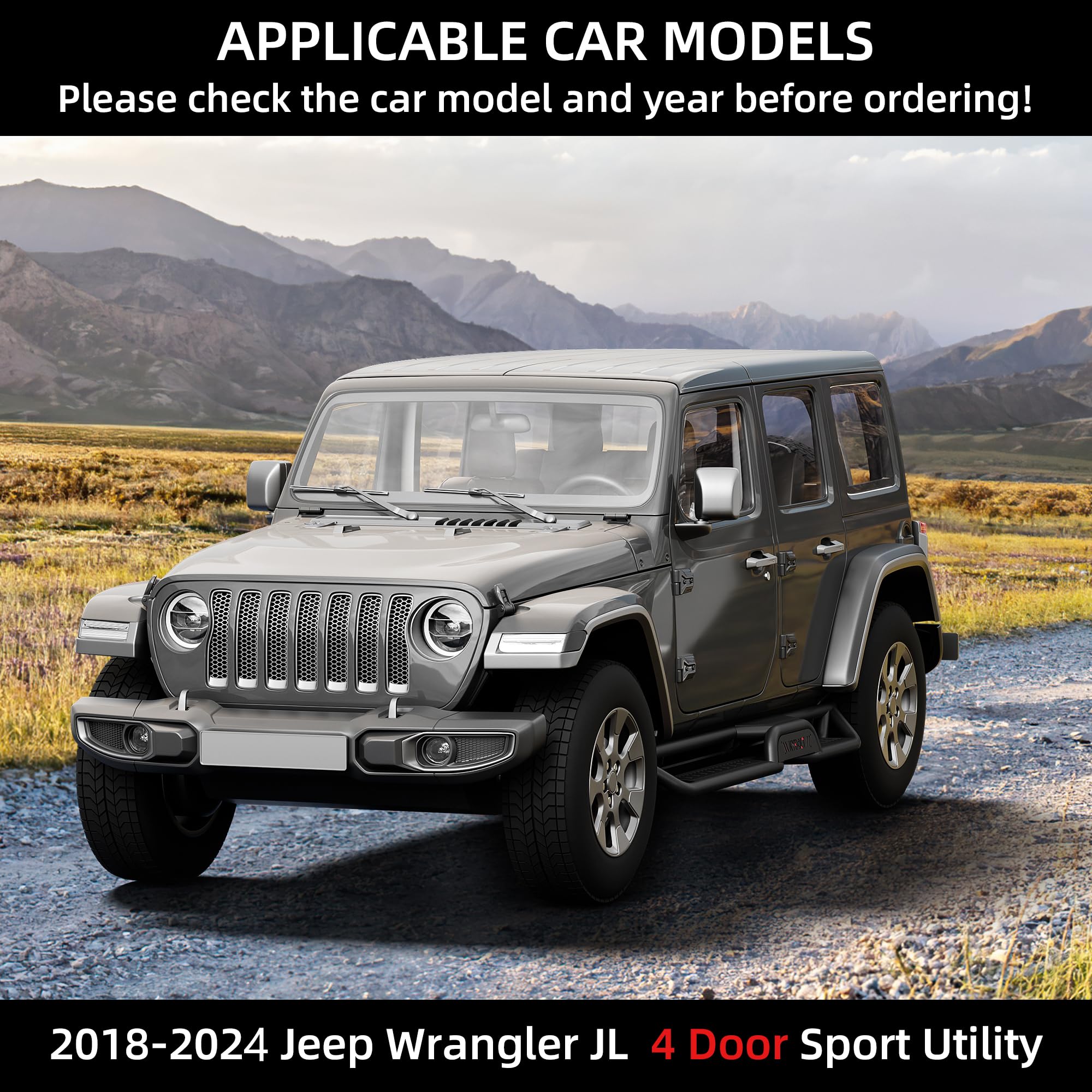 Garvee Running Boards 6.5 Inches with Two Stairs Design Compatible with 2018-2024 Jeep Wrangler JL 4 Doors, All-Steel Build, Bolt-on Side Steps, Black Powder Coated Nerf Bar