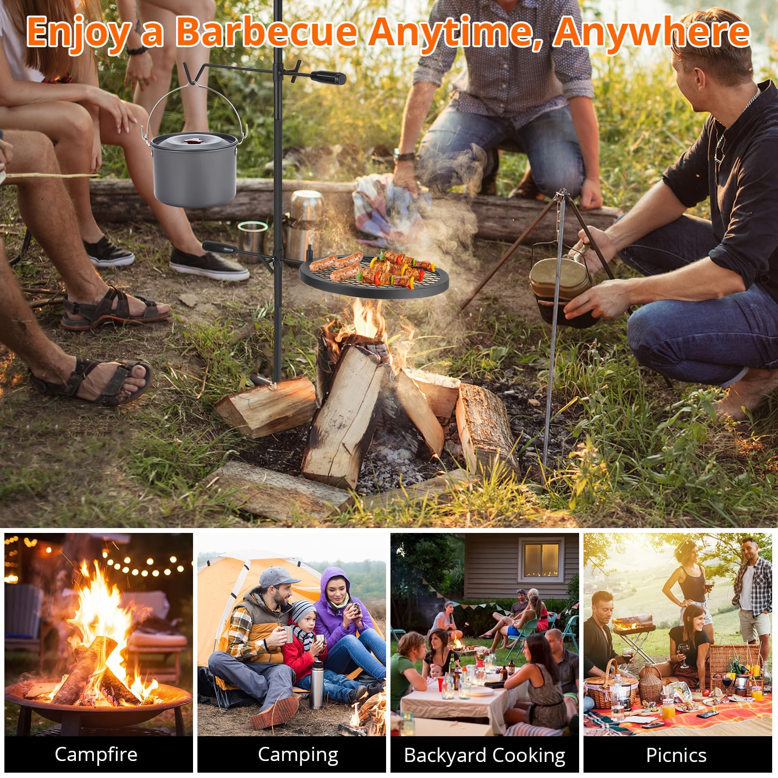 Garvee Campfire Grill Grate, 13.4" Open Fire Grate Fire Pit, Portable Campfire Barbecue Rack, Grill Cooking Equipment for Camping Outdoor Camp Fire with Height Adjustable Swivel Grill Grate and Hanger Rod