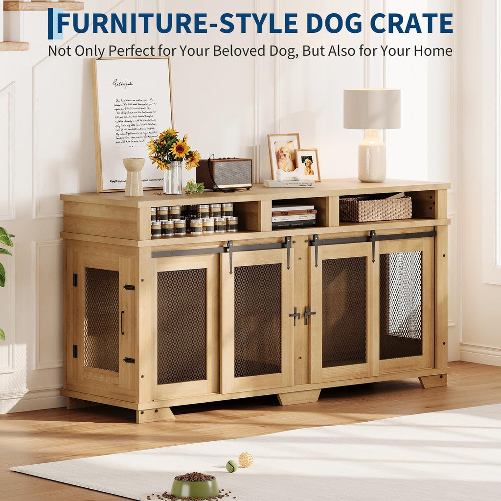 Garvee 71'' Dog Crate Furniture for 2 Dogs, Extra Large Double Dog Kennel, Wooden TV Stand, White/Natural/Brown