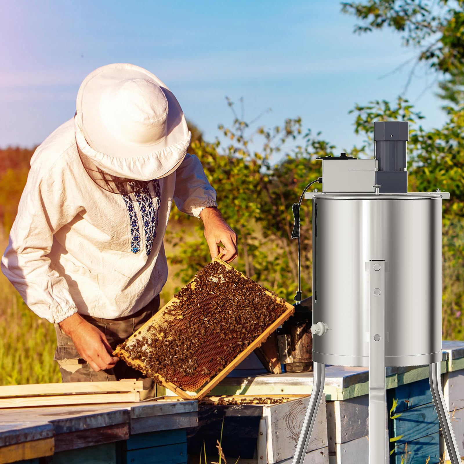 Garvee 4 Frame Electric Honey Extractor – Stainless Steel Beekeeping Equipment with 140W Adjustable Motor, Transparent Lid & Adjustable Height for Efficient Harvesting