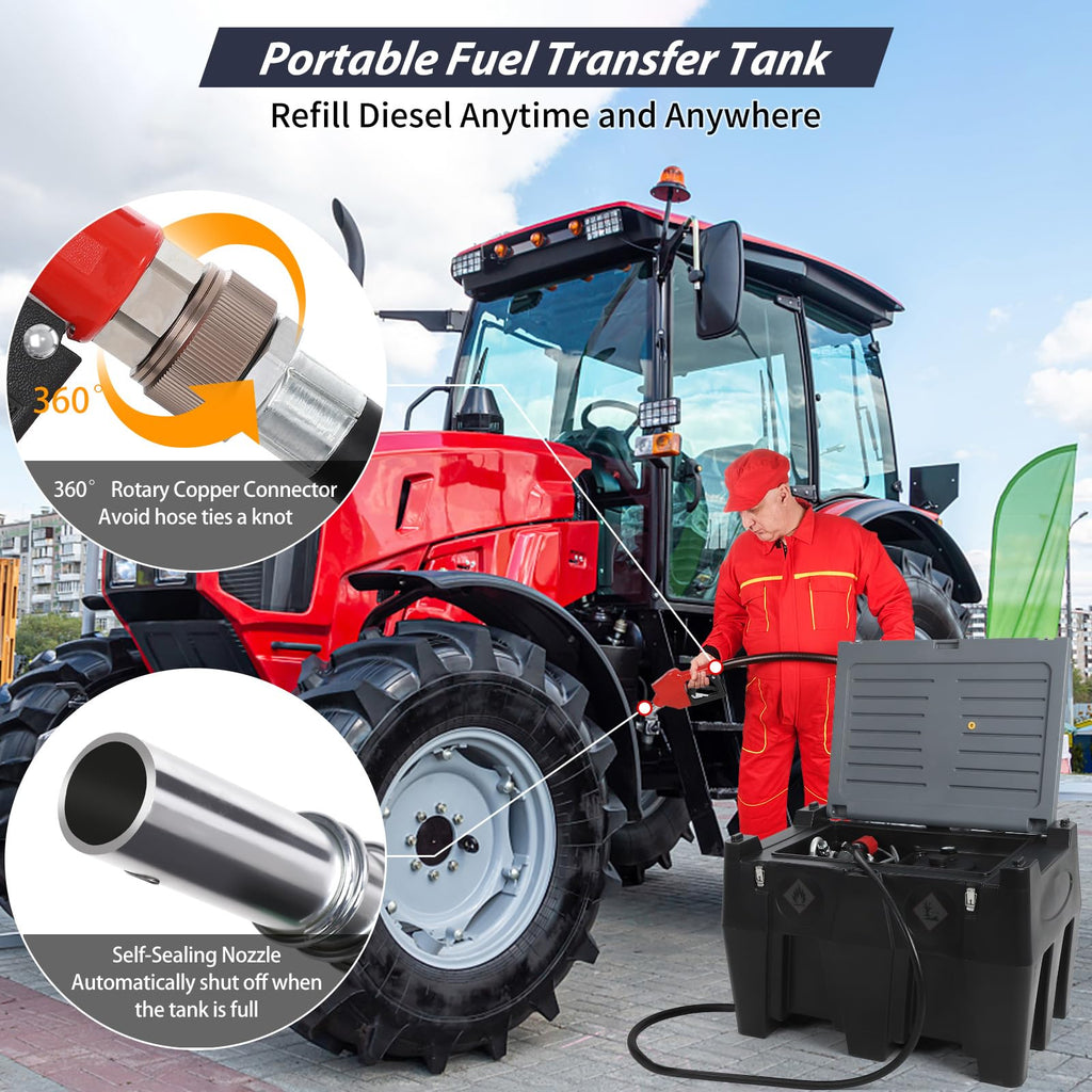 Garvee Portable Diesel Tank, 128 Gallon Fuel Tank with 12V Electric Fuel Transfer Pump, 10 GPM Diesel Transfer Tank with Auto Fueling Nozzle & 360° Swivel Connector with 13.1ft Hose - Black