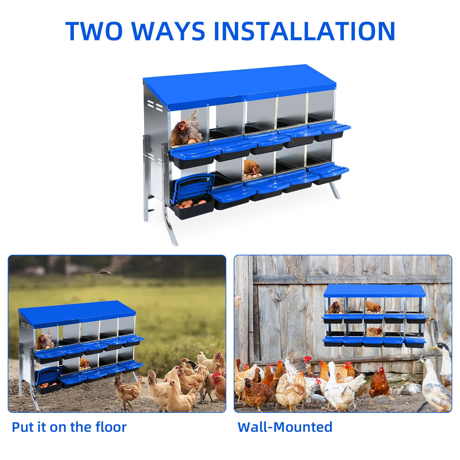 Garvee Chicken Nesting Box 10-Hole Roll Away Egg Laying Box with Lid Heavy-Duty Galvanized Steel Rustproof Design Blue with Bracket Legs