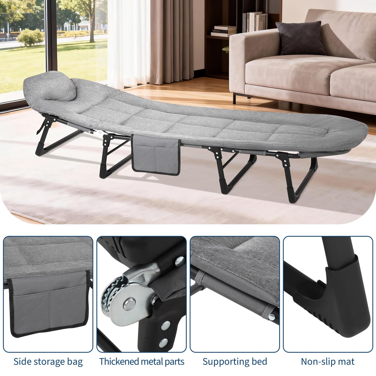 Garvee 79" Portable Folding Bed with Cushion and Pillow, Camping Cot for Adults, Lightweight, Grey, 500 Lbs Support