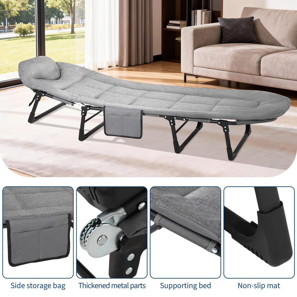 Garvee 75" Portable Folding Bed with Cushion and Pillow, Camping Cot for Adults, Lightweight, Grey, 500 Lbs Support