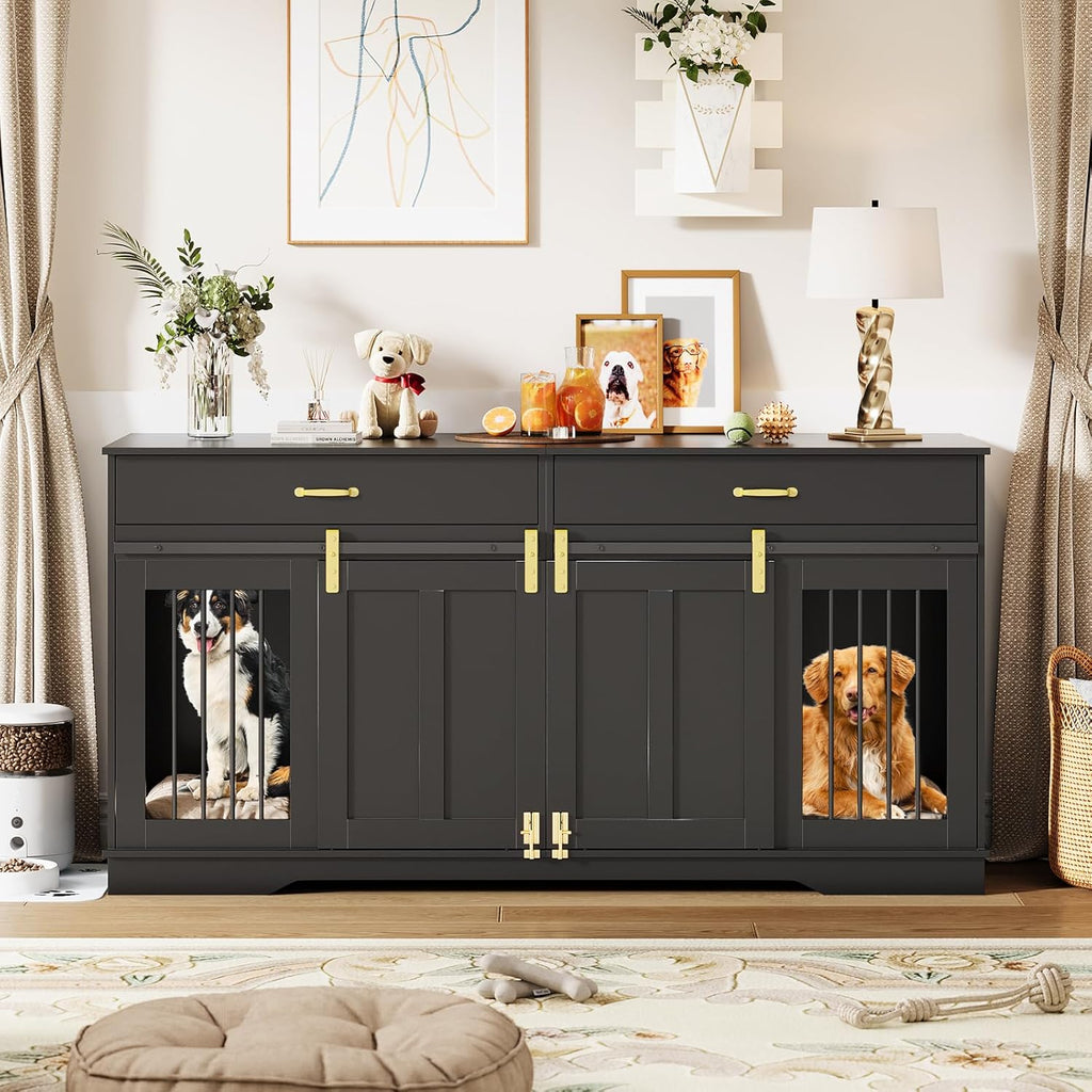 Garvee 71" Extra Large Dog Crate Furniture, Heavy Duty Wood  Double Kennel Furniture with Removable Divider, 2 Lockable Doors & 2 Drawers, Indoor Pet Crate End Table TV Stand for Living Room