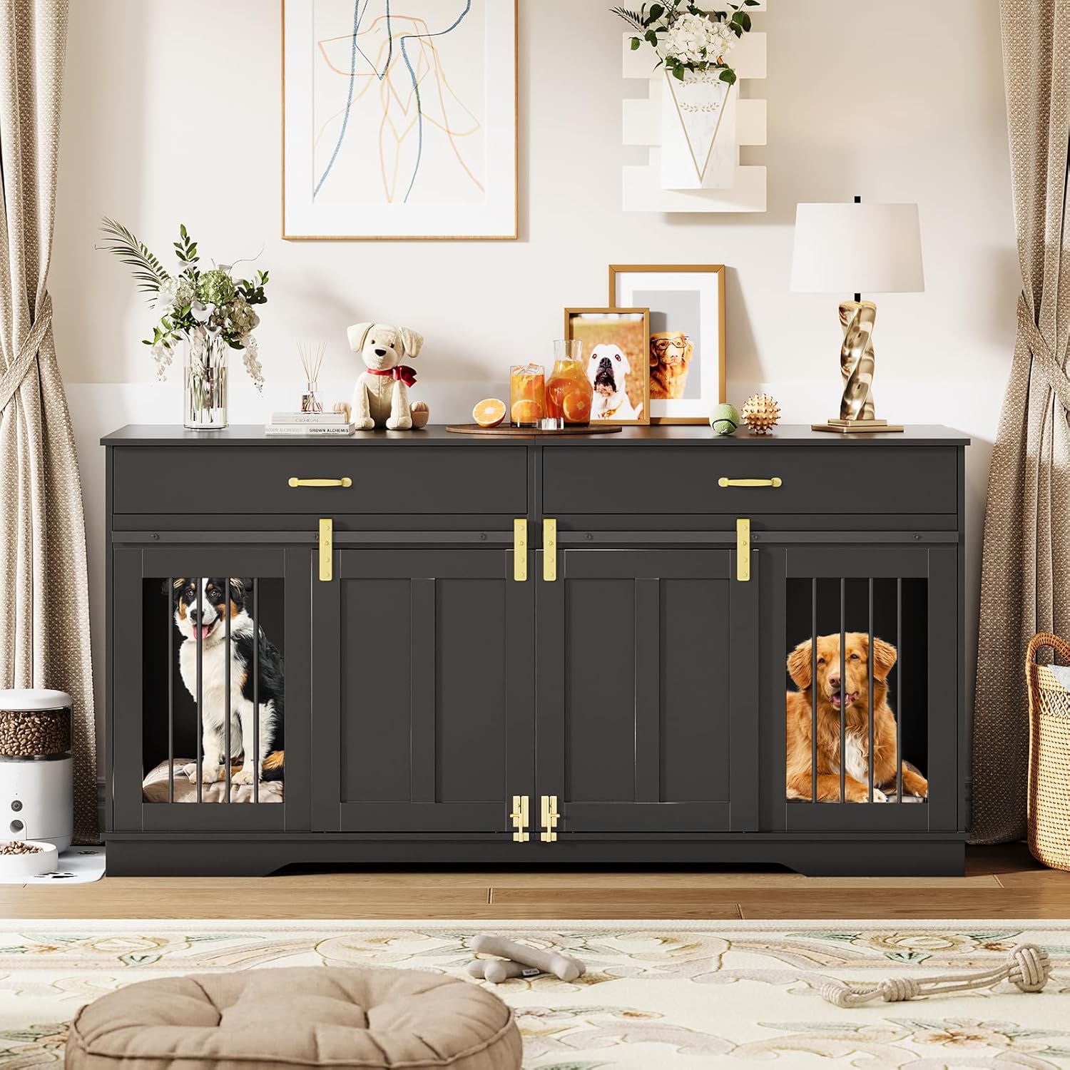 Garvee 71" Extra Large Dog Crate Furniture, Heavy Duty Wood  Double Kennel Furniture with Removable Divider, 2 Lockable Doors & 2 Drawers, Indoor Pet Crate End Table TV Stand for Living Room