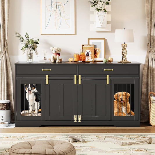 Garvee 71" Extra Large Dog Crate Furniture, Heavy Duty Wood  Double Kennel Furniture with Removable Divider, 2 Lockable Doors & 2 Drawers, Indoor Pet Crate End Table TV Stand for Living Room