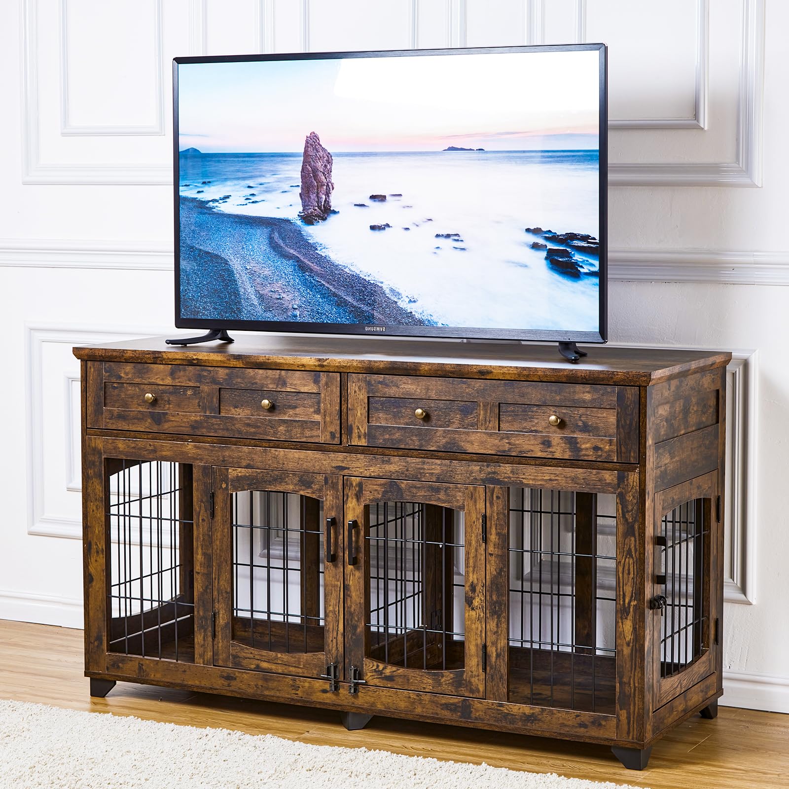 Garvee Dog Crate Furniture with 5 Doors, 58" Wooden Dog Kennel Cage End Table with Large Capacity Drawers, Dog House with Openable Divider for Dogs(Brown)