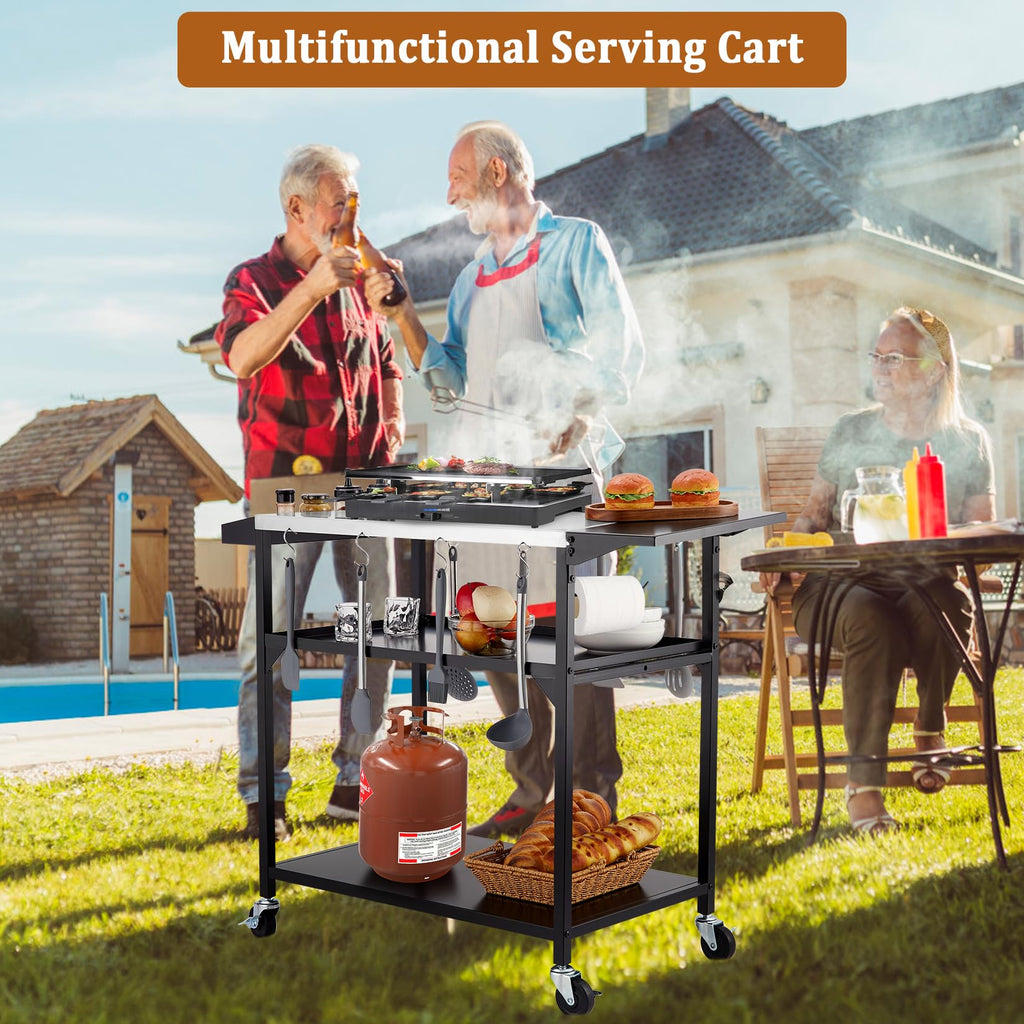 Garvee Outdoor Grill Table Cart with 4 Wheels + Stainless Steel + Movable Prep Table + Multifunctional + Metal Work Table + Side Table + Storage Rack + BBQ, Pizza Oven, Kitchen