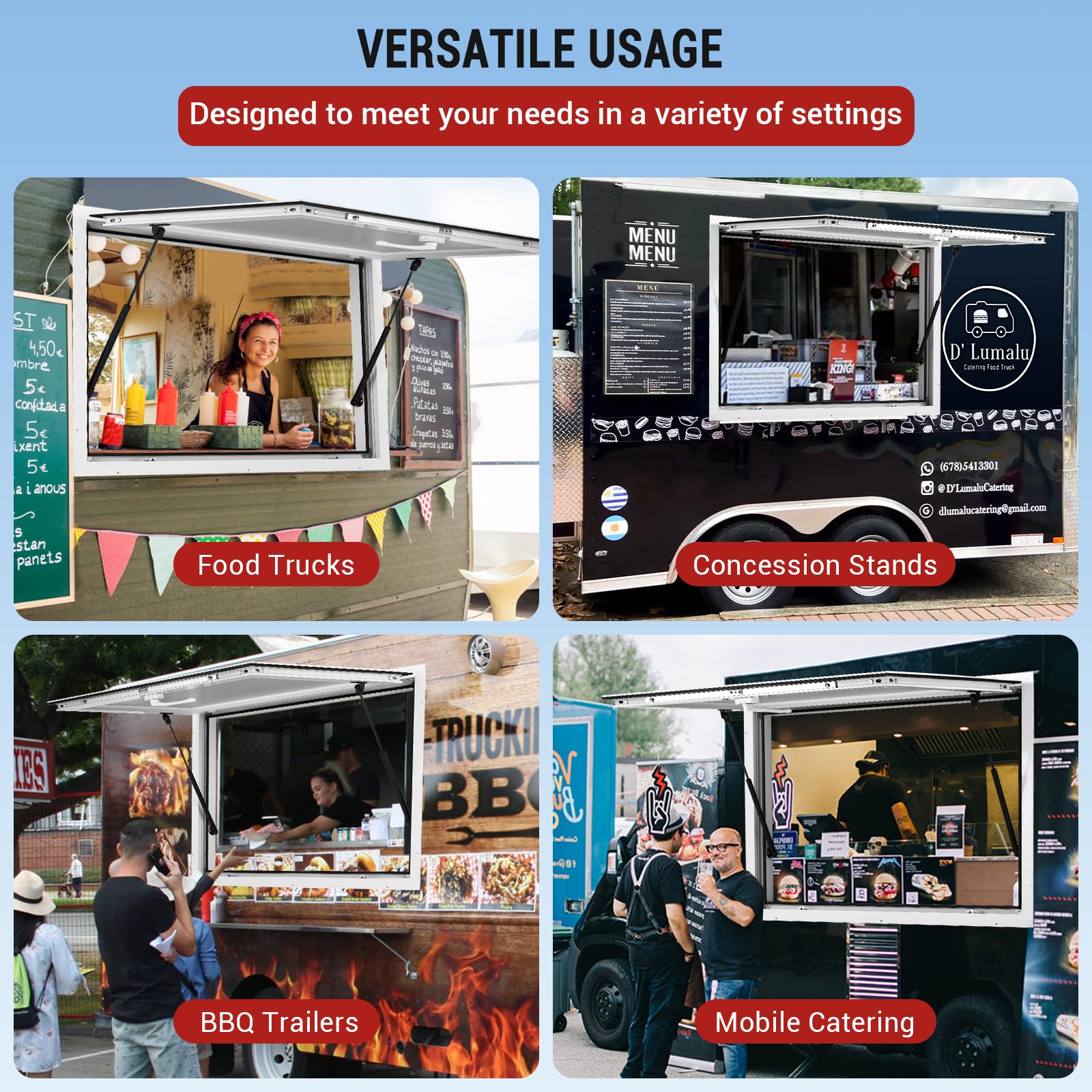 Garvee 48" x 36" Aluminum Alloy Concession Window With Awning Door & Drag Hook For Food Trucks And Trailers, Up To 85° Stand, Glass Not Included