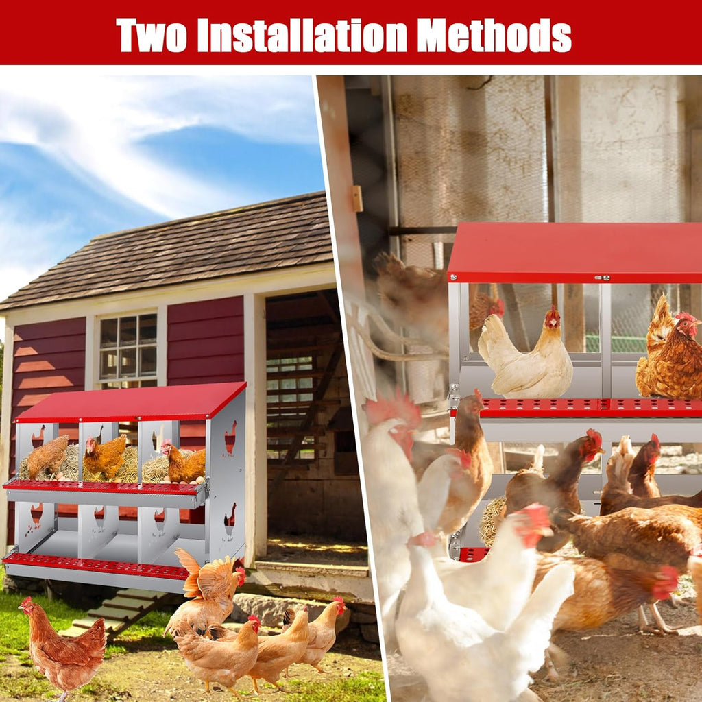 Garvee 6 Compartment Chicken Nesting Box - Heavy Duty Metal Coop with Roll Away Egg Collection, Perch, Lid Cover for Egg Protection - Wall Mount/Free Standing Nest Box for Chickens, Hens, Ducks
