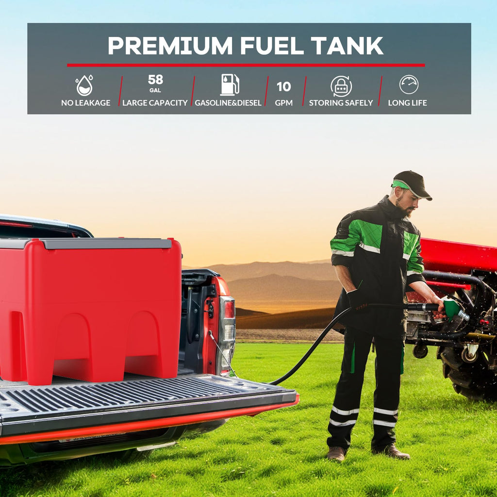 Garvee 58 Gallon Fuel Caddy Portable Gasoline Diesel Tank, 10ft Hose, Manual Siphon Pump 7.5 L/min Nozzle, Fuel Transfer Storage for Garage/Workshop, Red