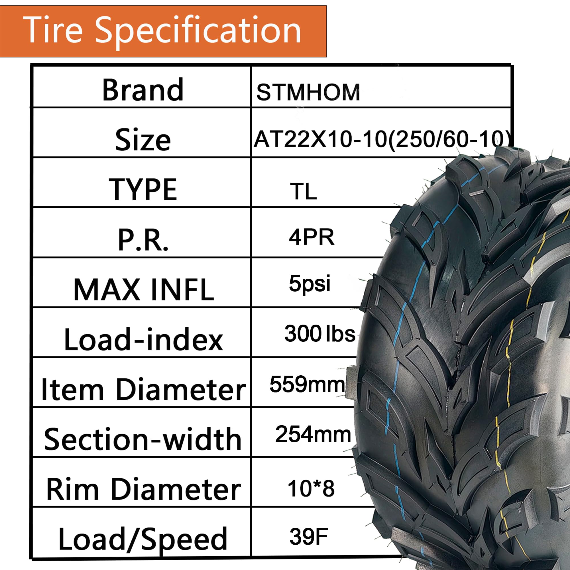 Garvee Set Of 2 All Terrain ATV Tires 22X10-10 4PR Tubeless For Off-Road Adventures, Durable Black
