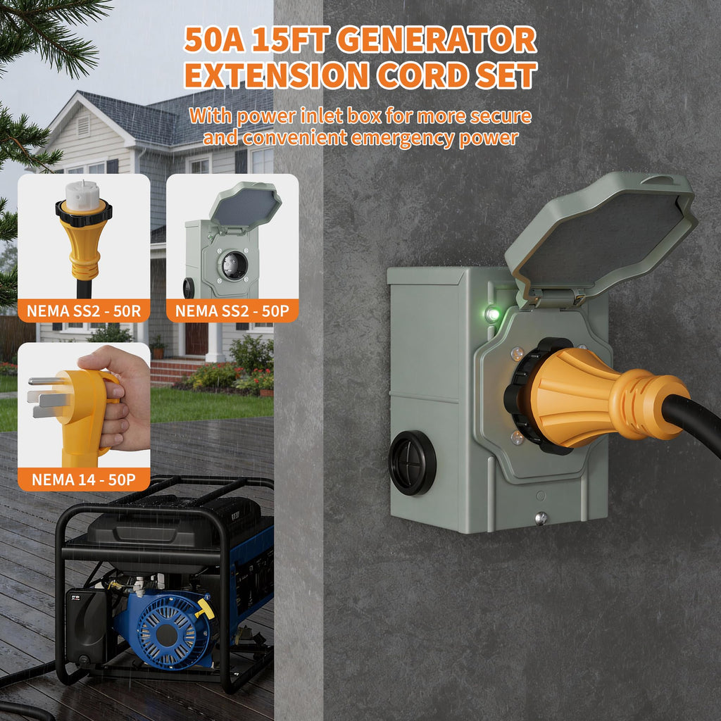 Garvee 50 Amp 15FT Generator Cord and Power Inlet Box Kit, NEMA 14-50P Male to SS2-50R Twist Lock Connector, 125/250V, Heavy-Duty, Weatherproof