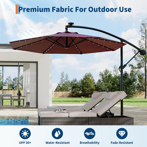 Garvee 10' Solar Lights Offset Patio Umbrella, Cantilever Umbrella with Easy Lift & Tilt Adjustment, 8 Ribs Sun Umbrella UV Protection, Wine Red