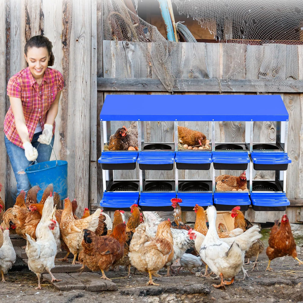 Garvee Chicken Nesting Box 10-Hole Roll Away Egg Laying Box Heavy-Duty Galvanized Steel Rustproof Blue Wall-Mountable