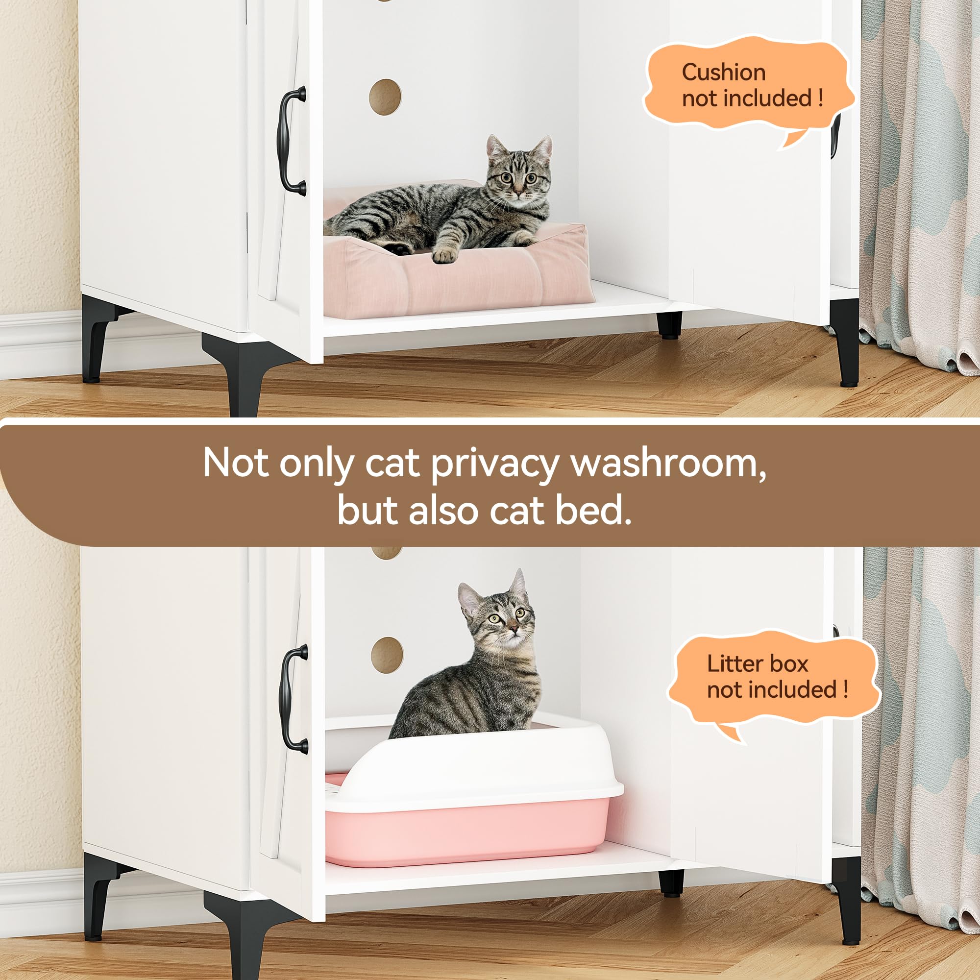 Garvee Hidden Cat Litter Box Enclosure Furniture with Shelf Storage,Litter Box Furniture,Sturdy Cat Washroom,Indoor Wooden Cat House Storage, White