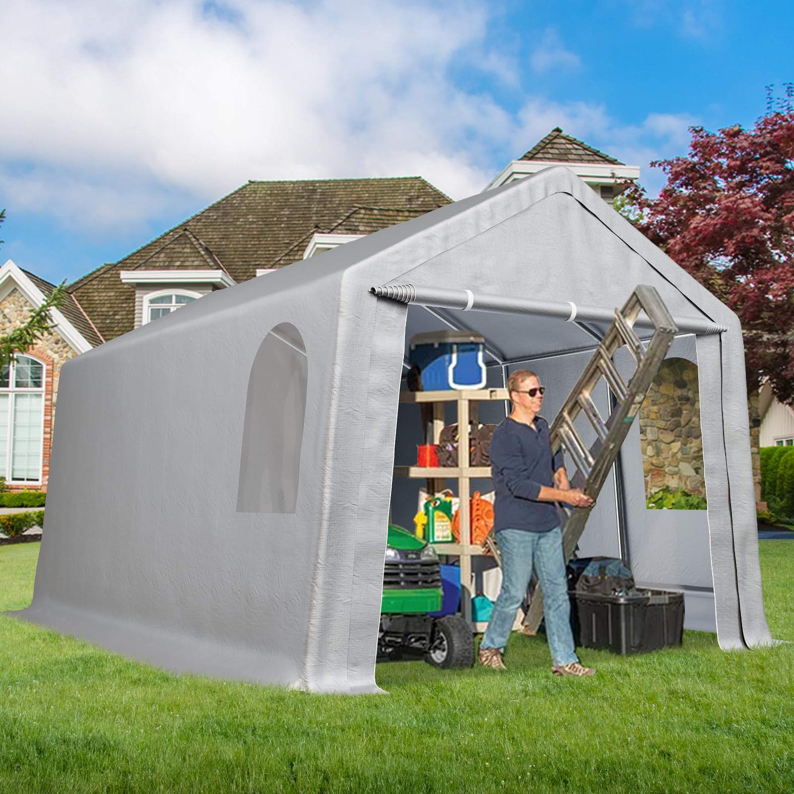 Garvee 10' X 20' Heavy Duty Carport - Powder-Coated Steel Frame, All-Weather Waterproof & UV-Resistant w/Roll-Up Doors for Cars/Boats, Grey