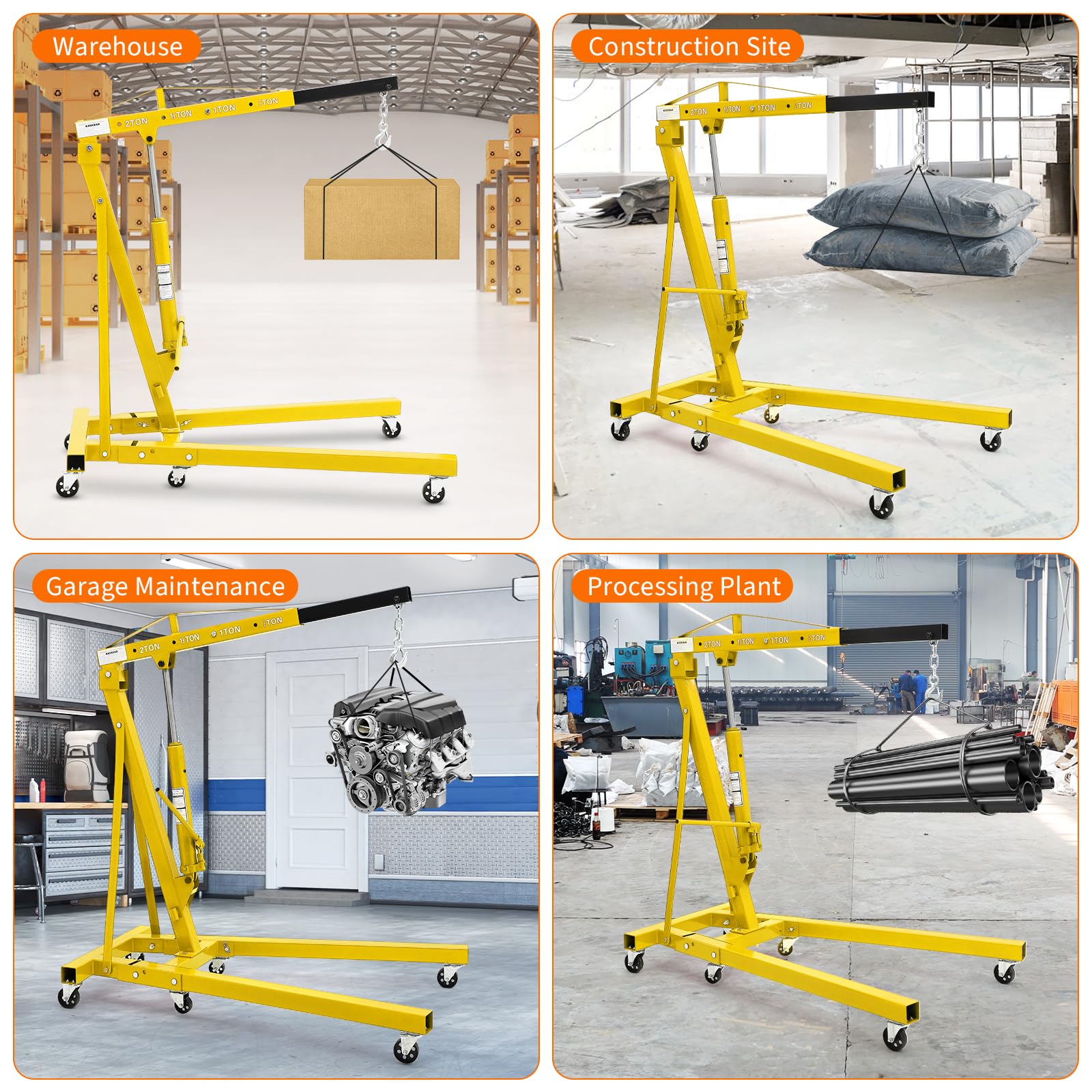Garvee 2-Ton Folding Engine Hoist Hydraulic Shop Crane With Telescoping Boom 6 Caster Wheels, Yellow