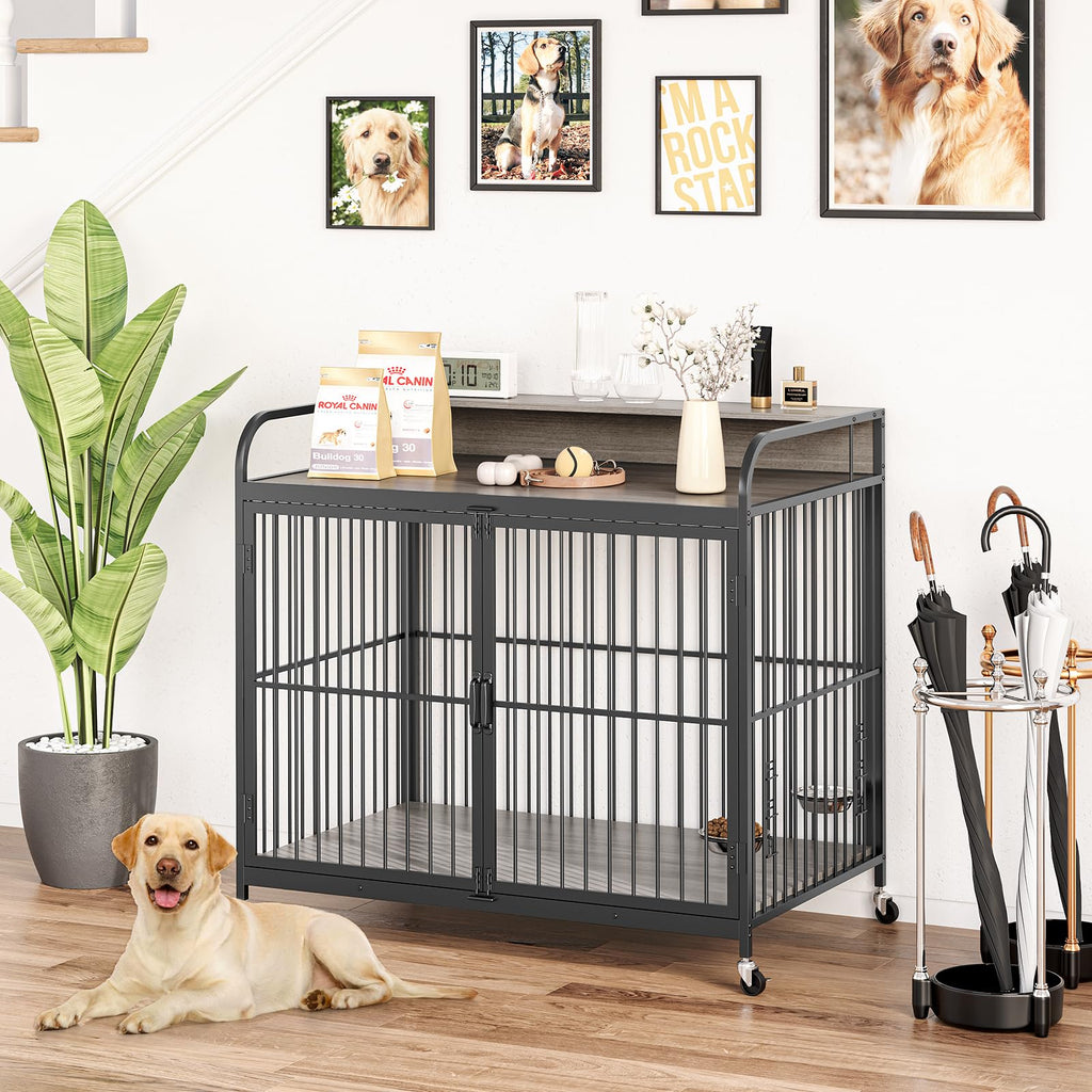 Garvee Dog Crate Furniture, Dog Crate Indoor with Adjustable Height Bowls, Wooden Heavy Duty, 39.8 Inch Dog Kennel Furniture for Medium Dogs, 39.8" L X 22.5" W X 38.6" H,Grey