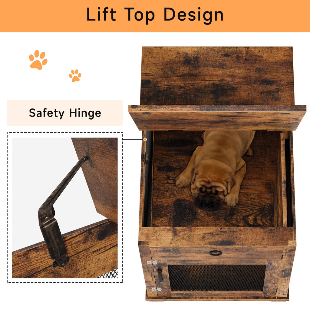 Garvee Furniture Style Dog Crate with Pocket Hiding Door, Lockable End Table, Rustic Brown, Flip Top, 32” for Small Dogs