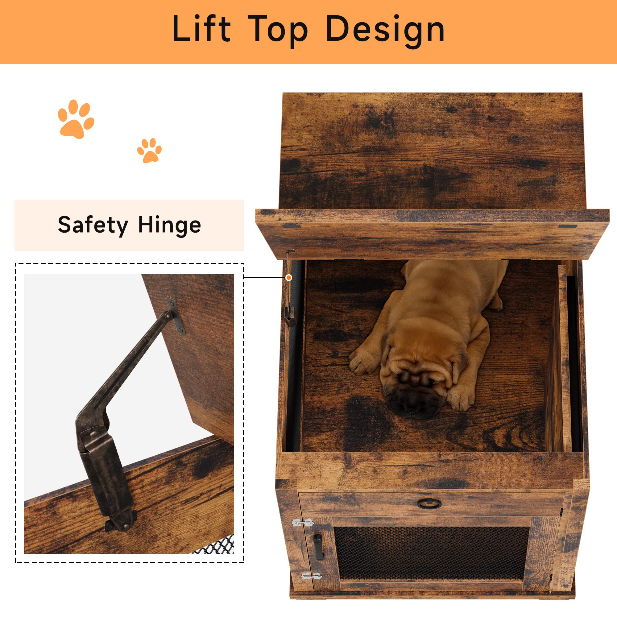 Garvee Furniture Style Dog Crate with Pocket Hiding Door, Lockable End Table, Rustic Brown, Flip Top, 32” for Small Dogs